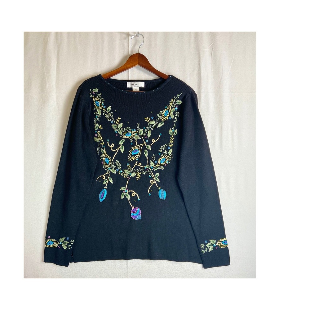 Vintage KIKIT Maurice Black Embroidered Beaded Sweater M Floral Art to Wear